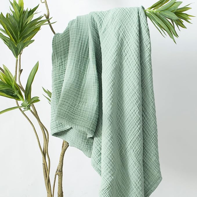Carriediosa 100% Cotton Muslin Throw Blanket 70" X 80" Twin Size，4-Layers Summer Gauze Throws for Bed Couch，Soft Lightweight Breathable Linen Blankets Bedspread for Adults All Season，Sage Green