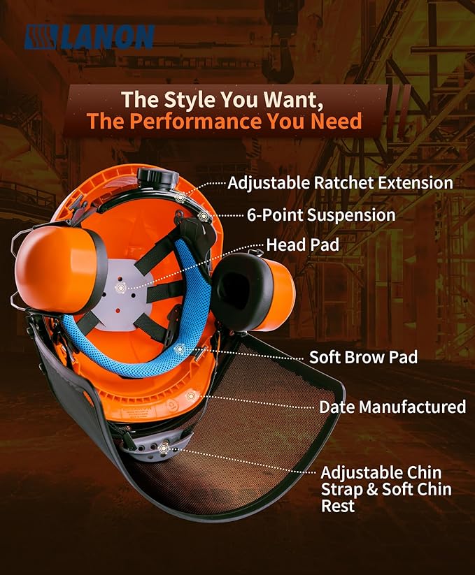 LANON Industrial Forestry Safety Helmet Protection System, ANSI Approved Chainsaw Hard Hats with Adjustable Ear Muffs & Face Shield Visor, 6 Point Adjustable Ratchet Suspension, Class C, Orange