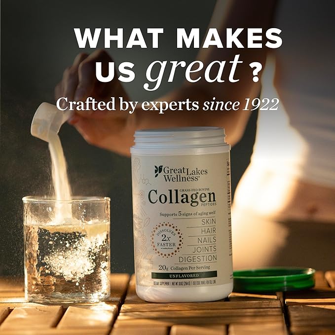 Great Lakes Wellness Collagen Peptides Powder for Skin, Hair, Nails, Joints & Digestion - Chocolate Flavored - Quick Dissolve Hydrolyzed, Non-GMO, Kosher - 10 oz