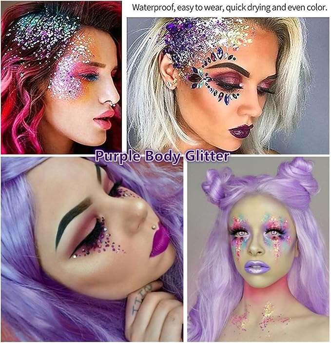Go Ho Mermaid Purple Face Body Glitter Gel,Mardi Gras Outfit for Women Kids,Holographic Mermaid Chunky Sequins Glitters for Eye Lip Hair Nails,Festival Rave Accessories,52g