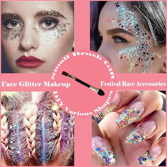 Body Glitter Face Glitter Gel: Singer Concerts Disco Festival Rave Accessories Face Glitter Makeup 150ml Chunky Sequins Mermaid Face Body Hair Glitter Gel (Silver&Pink&Gold)