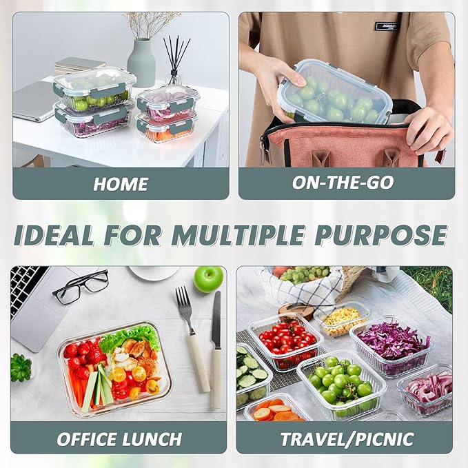 10 Packs Glass Meal Prep Containers with Lids, Glass Food Storage Containers Set, Airtight Lunch Containers, Microwave, Oven, Freezer and Dishwasher Safe, Gray
