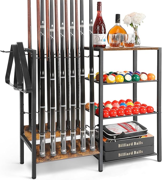 Pool Stick Holder Floor Stand up to 12 Cue Sticks, Pool Cue Holder with Balls Storage, Pool Table Accessories Stand Large Pool Cue Rack Equipment Organizer Cue Stick Holder for Billiard Game Room