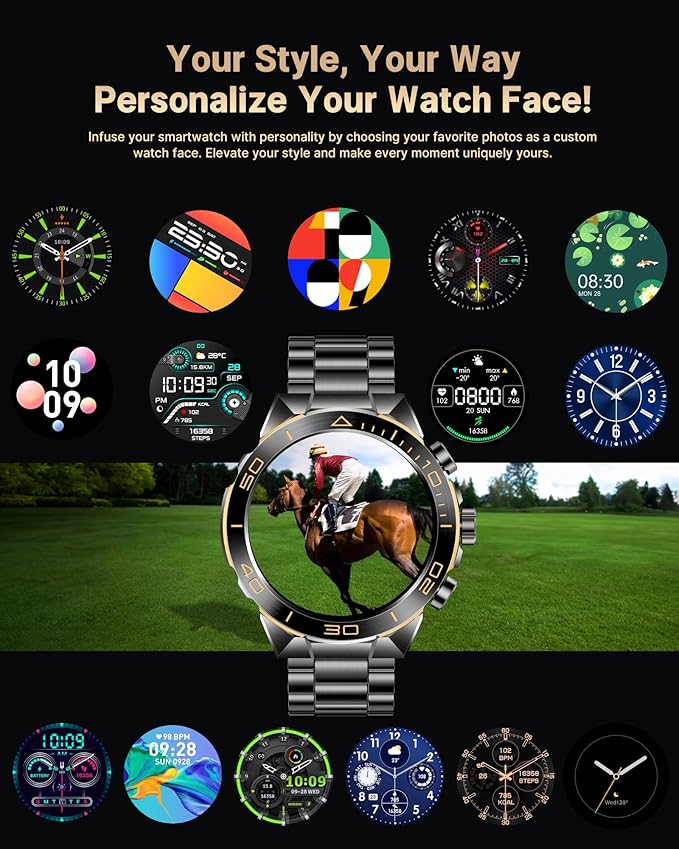 Smart Watch for Men Answer/Make Call for Android iPhone, 1.43" AMOLED HD Screen Mens Luxury Watch, 400mAh Heavy Duty Smartwatch Heart Rate Blood Oxygen Blood Pressure Sleep Monitor Pedometer, 2 Straps