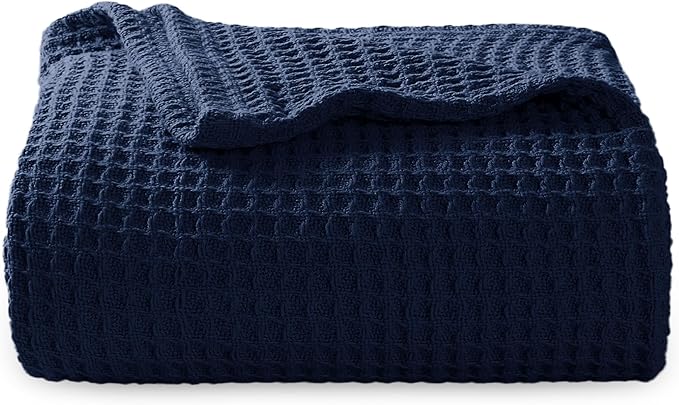 Bedsure 100% Cotton Blanket Twin XL Size for College Dorm - Breathable and Soft, Waffle Weave Twin Blanket for Summer, Dorm Room Essentials, Pageant Blue, 66x90 inches