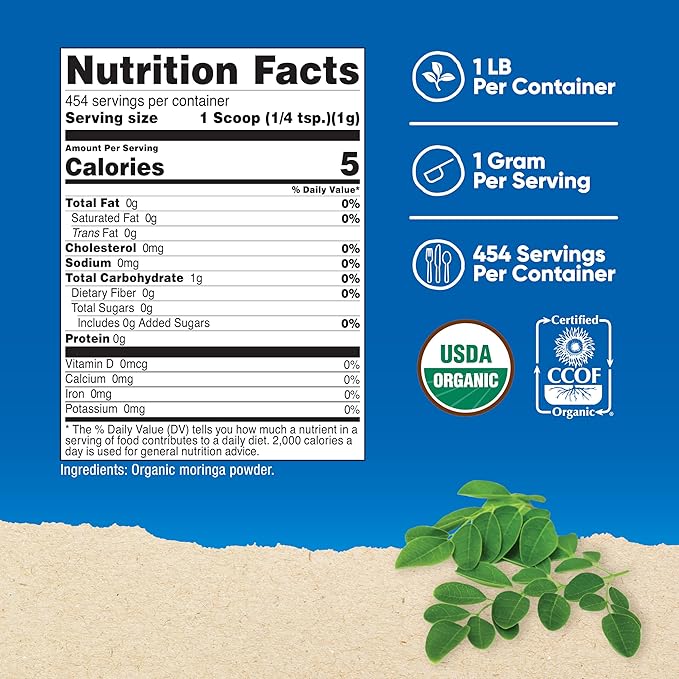 Nutricost Organic Moringa Powder 1LB (16oz) - Gluten Free, Non-GMO, Vegetarian Friendly