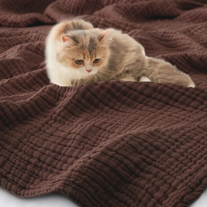 Carriediosa 100% Cotton Muslin Throw Blanket 90" X 90" Queen Size，4-Layers Summer Gauze Throws for Bed Couch，Soft Lightweight Breathable Linen Blankets Bedspread for Adults All Season，Dark Brown
