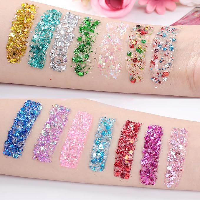 AROIC 14 Colors Body Glitter, Face & Hair Glitter Gel Set for Festival, Eye Shimmer for Women Glow in The Dark Rave Accessories Party Supplies, Face Paint Hair/Cheek/Eyelid Sparkle Makeup(18ml/Tube)