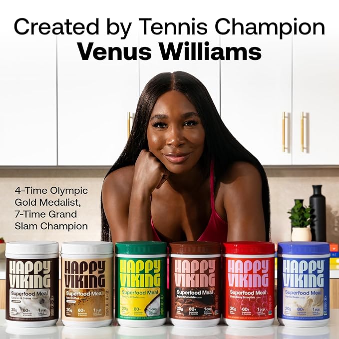 Happy Viking Cookies and Cream Plant Protein Powder, Created by Venus Williams, 20G Protein, Low Carb, Keto, Vegan, Gluten-Free, Non-GMO, Superfoods, Complete Meal Replacement, 1 Canister