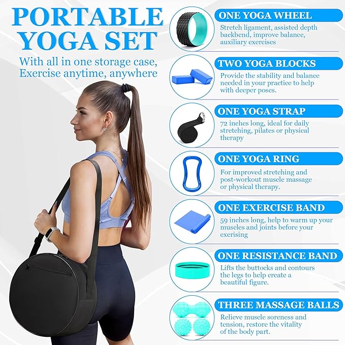 Yoga Wheel Set, Wheel Foam Roller with Back Cracker Roller for Pain Relief & Deep Tissue Massage and Stretching 500lbs Capacity, Trigger Point Therapy Massage Ball, Yoga Blocks 2 Pack with Strap