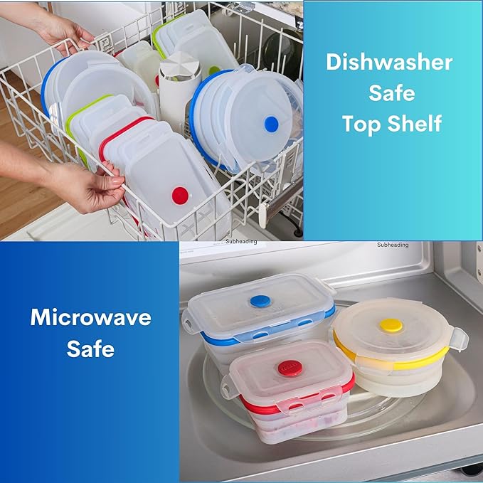 Collapsible Silicone Food Storage Containers, BPA Free, Microwave, Freezer and Dishwasher Safe, Lunch, Meal Prep, Travel, Space-Saving, Set of 5