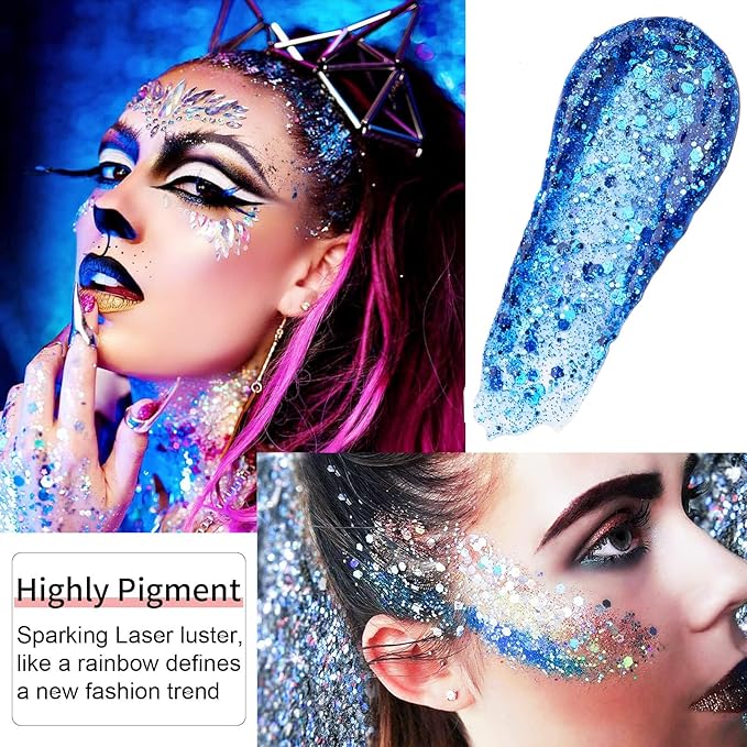 Go Ho White Pink and Blue Body Glitter Set,Singer Concerts Face Glitter Gel Makeup,Holographic Long Lasting Chunky Sequins Glitters for Eye Lip Hair Nails,Festival Rave Accessories