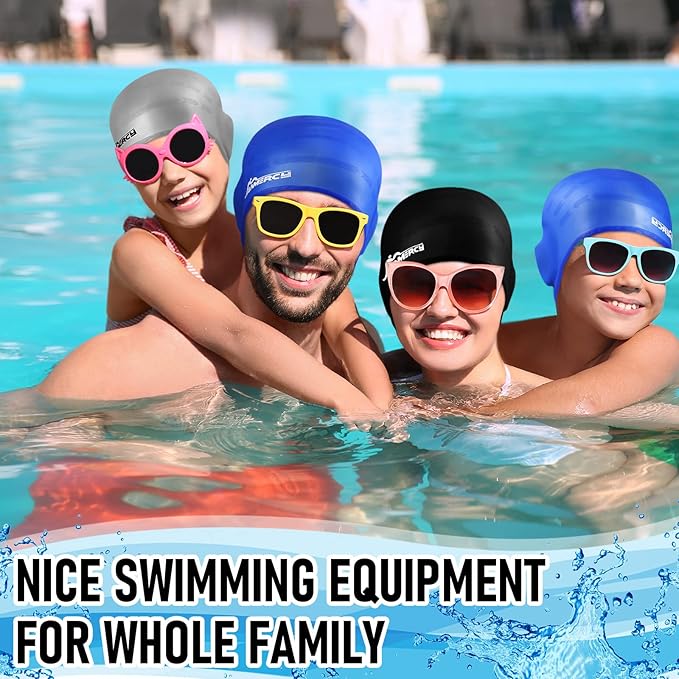 Janmercy 3 Pcs Swim Caps for Boys Girls Silicone Swimming Hat with 3D Ear Pockets for Age 6-15 Bath Hats Short/Long Hair with Ear Plug Nose Clip Supplies