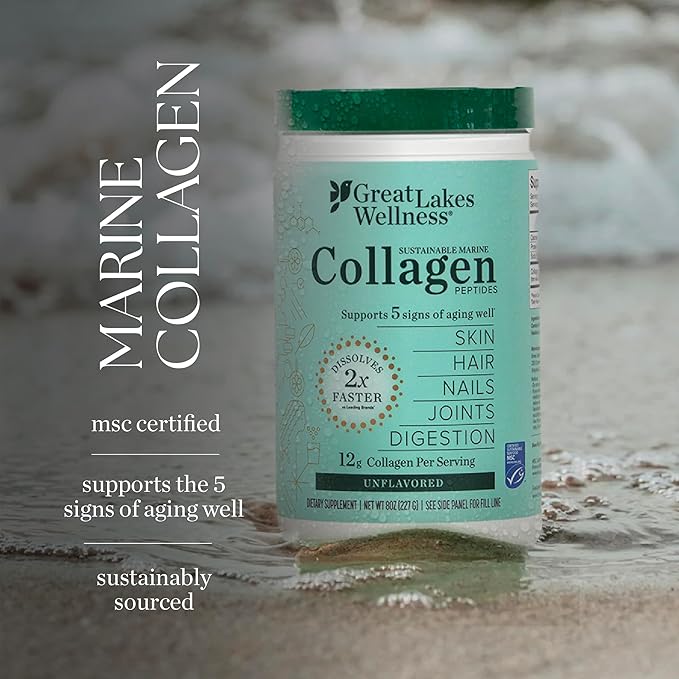 Great Lakes Wellness Sustainable Marine Collagen Peptides Powder for Skin, Hair, Nails, Joints & Digestion - Unflavored - Quick Dissolve Hydrolyzed, Wild Caught, MSC Certified, Non-GMO, Kosher - 8 oz