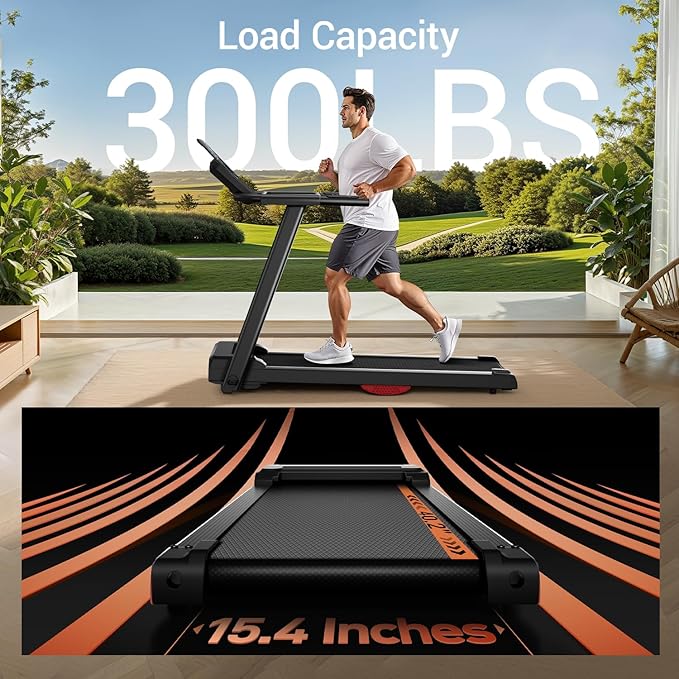 Treadmills for Home, 15% Incline Treadmill, Folding Treadmill Filpped Screen and Heart Rate Sensor, 3.0HP Quiet Brushless Dual Cushion System, 300lbs Weight Capacity