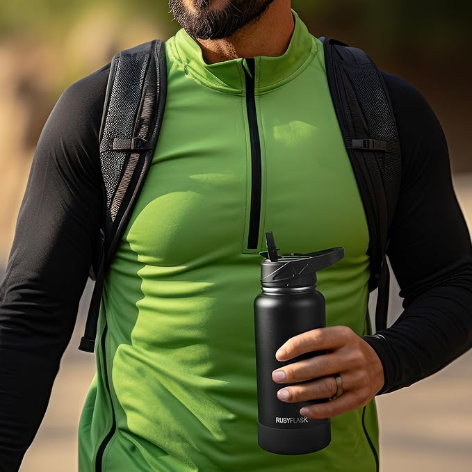 24oz Insulated Water Bottle with Straw, Stainless Steel Metal Vacuum Water Flask, Large Thermal Water bottle with Leakproof 3 Lids for Travel, Camping, Gym Sports Black