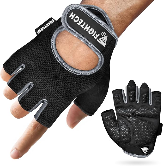 FIGHTECH Workout Gloves for Men and Women, Fingerless Weight Lifting Gloves with Cushioned Palms, Gym Gloves for Exercise Fitness Training Climbing Cycling, Breathable and Lightweight