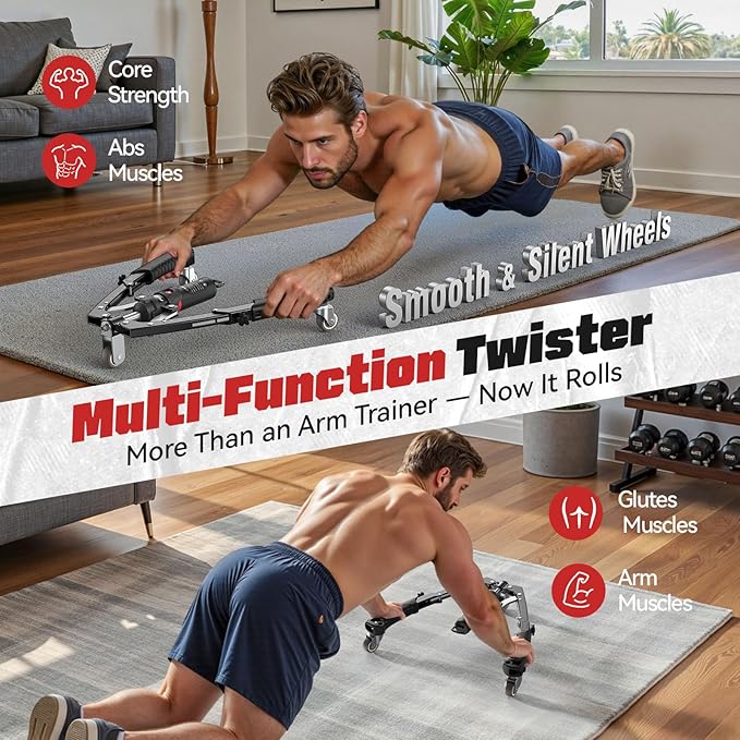 FLYBIRD Chest & Arm Twister Trainer, Hydraulic Power Chest Press Machine 22-440lbs for Upper Body Strength Training, 2-in-1 Chest Trainer with Ab Roller Wheel (Backpack & Pad Included)