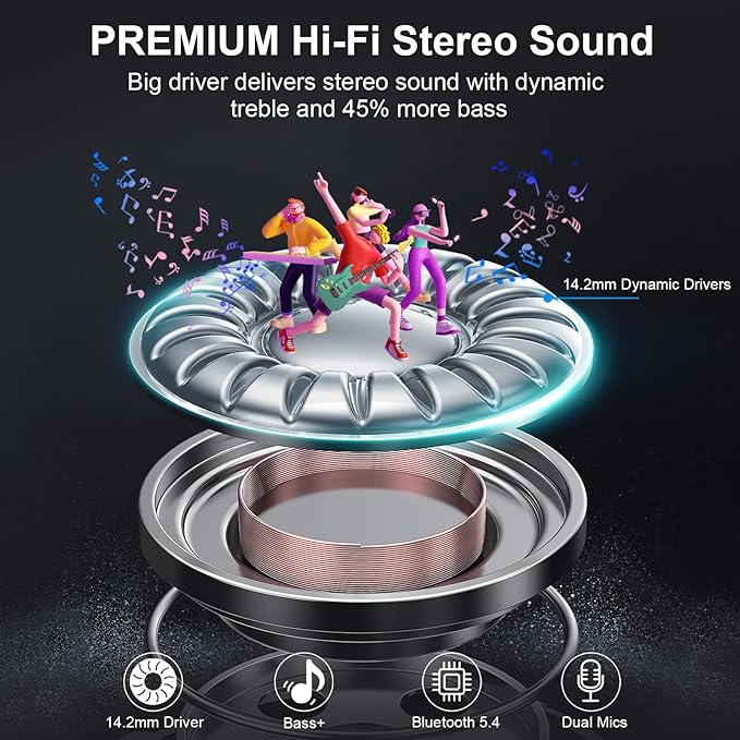 Wireless Earbuds, Bluetooth 5.4 Headphones, ENC Noise Cancelling Mic Ear buds with Stereo Bass, 48H Playtime Earphones , LED Display, IP7 Waterproof In Ear EarBuds for Phone Android iOS Sports, Black