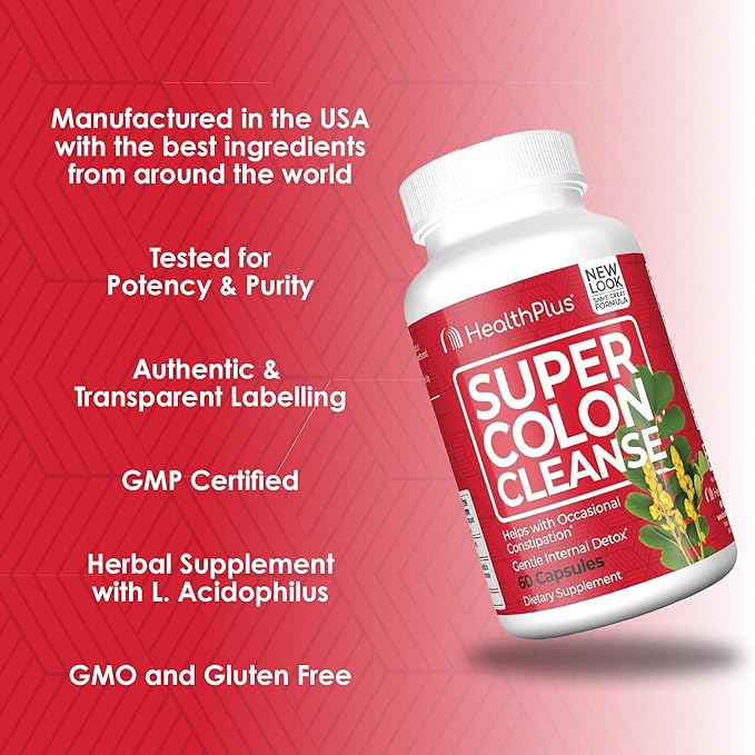 Health Plus Super Colon Cleanse 60 Day Supply of Gentle Gut Cleanse Detox, Psyllium Husk, Probiotics for Constipation Relief & Digestive Support, 240 Capsules