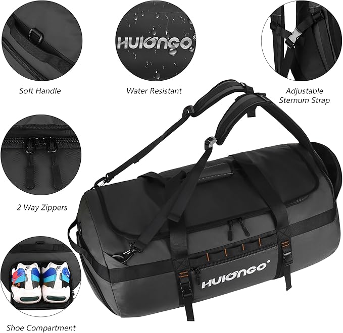 40L/60L/90L Large Waterproof Duffle Bag Backpack for Men, Mens Duffel Backpack Bags for Traveling, Heavy Duty (Black, 60L)