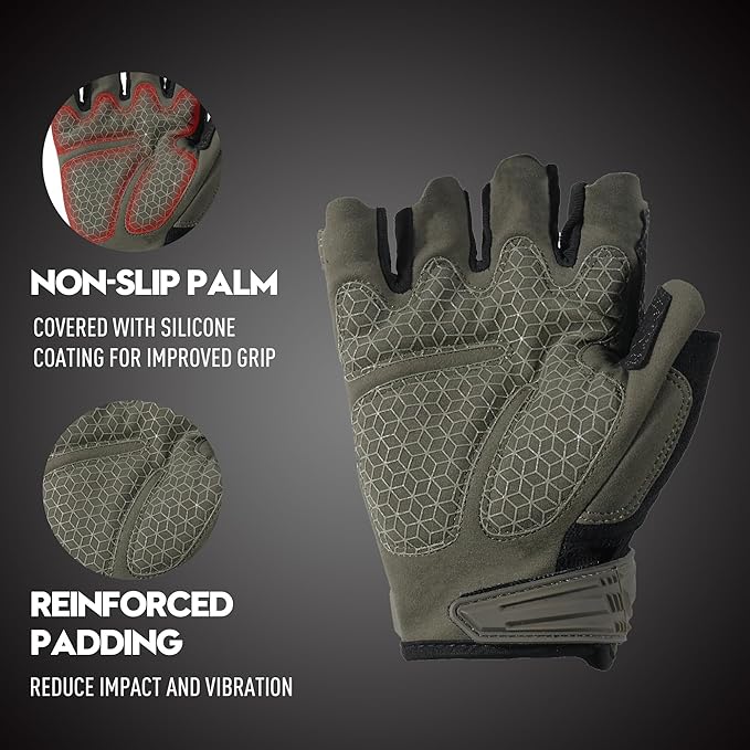 HANDLANDY Tactical Fingerless Impact Gloves for Men, Padded Grip Half Finger Work Gloves, Utility Trucker Driver Gloves (Army Green, Medium (Pack of 1))