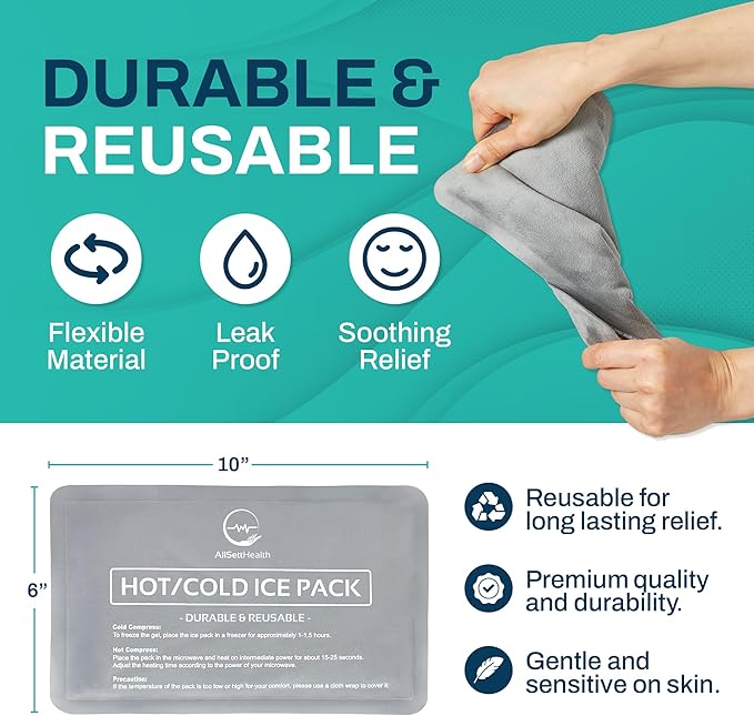 Reusable Ice Packs for Injuries - (10" x 6") Soft Ice Pack with 1 Sided Velvet Soft Fleece Fabric, Flexible Hot and Cold Gel Ice Pack Set, Grey, Pack of 4