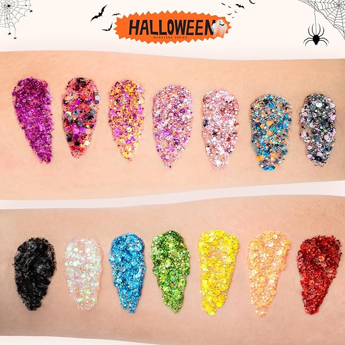 Dmsky 14 Colors Body Glitter,Face Glitter Makeup for Kids Women,Sparkly Chunky Hair Glitter for Eye Lip Hair Nails,Mardi Gras Glitter Makeup Face Paint,Singer Concerts Disco Rave Festival Accessories