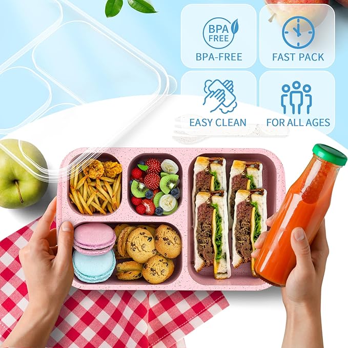 Large Capacity Bento Box for Adults, 4-Piece Set – Stackable Lunch Box with 4 Compartments, Microwave & Dishwasher Safe, Reusable Meal Prep Containers, Snack Containers for Kids & Adults (Pink)