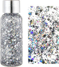 MAEPEOR Chunky Face Body Glitter Gel 19 Colors Mermaid Sequins Holographic Body Glitter Gel Long-Lasting Festival Makeup Glitter Paint for Face Body Hair Nails (30g, 01 Silver)