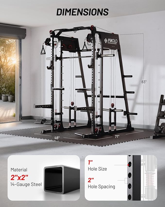 Mikolo Smith Machine, 2200lbs Squat Rack with LAT-Pull Down System & Cable Crossover Machine, Training Equipment with Leg Hold-Down Attachment