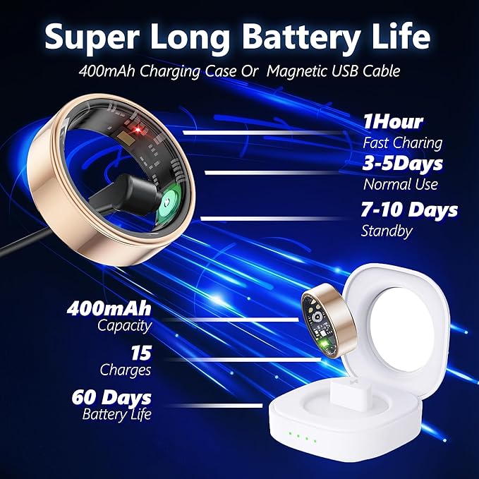 Smart Health Ring for Women Men Fitness Tracker with Heart Rate, Blood Oxygen, Blood Pressure, Sleep Monitoring, Step Counting, IP68 Waterproof for iPhone and Android, No APP Fee, Gold 9#