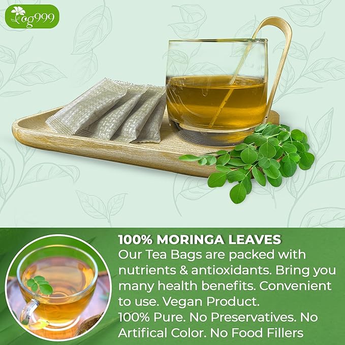 TOG999, Premium 60 Moringa Leaf Tea Bags, 100% Natural & Pure from Moringa Leaves. Loose Leaf Moringa Herbal Tea. Moringa Leaf Tea. No Sugar, No Caffeine, No Gluten, Vegan.