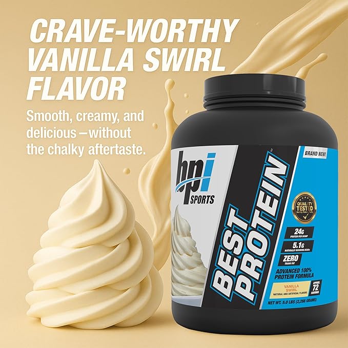 BPI Sports Best Protein – 100% Whey Protein Powder – Muscle Growth, Recovery, Meal Replacement – No Fillers, Gluten-Free – Best Protein Powder for Men & Women | Vanilla Swirl – 5 Pounds