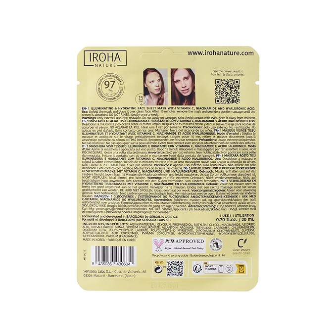 IROHA NATURE Face Masks - Packs for Better Skin (Pack of 5, Brightening & Hydrating Face Mask with Pure Vitamin C and Hyaluronic Acid)