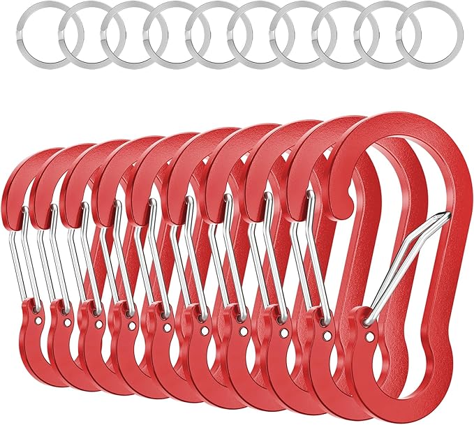sprookber 3.2 Inch Aluminum Carabiner Clips D Ring, Caribeaner Spring Snap Hook with Keychain for Camping, Hiking, Gym & Outdoor Gear, Set of 10