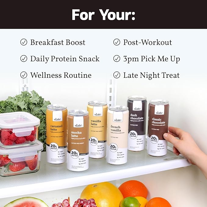 Slate Milk - High Protein Iced Coffee - Vanilla Latte - 175mg Caffeine, Lactose Free Energy - 20g Protein, 1g Sugar, 100 Calories, 1g Net Carbs, No Sugar Added - Protein Coffee - 11 fl oz, 24 Cans