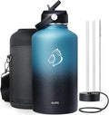 BUZIO Insulated Water Bottle with Straw Lid and Flex Cap, 64oz Double Wall Vacuum Stainless Steel Water Thermo Wide Mouth Lid, Cold for 48 Hrs Or Hot for 24 Hrs Sweat Proof Flask, Indigo Crush