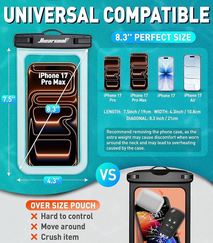 Hiearcool Universal Waterproof Phone Pouch,IPX8 Cell Phone Waterproof Case Up to 8.3" for iPhone 17 16 15 14 13 Pro Max,Beach Essentials Vacation Must Haves-Clear&Bright Red-2Pack