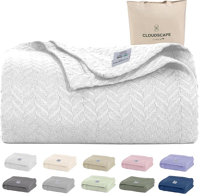 Herringbone Cotton Twin Blanket for Couch, Bed,Sofa, Home Decor, Soft, Lightweight, All-Season Bed Blanket, 68 x92, White