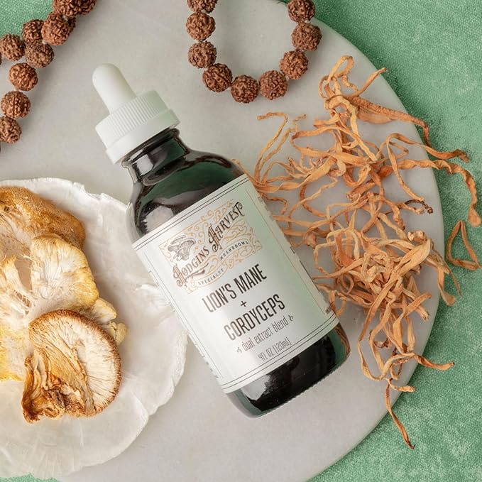 Hodgins Harvest Organic Lion’s Mane + Cordyceps Tincture | Made with Mushrooms Grown On Our Farm in The USA | Dual Extract | Extra-Concentrated (4 fl oz)