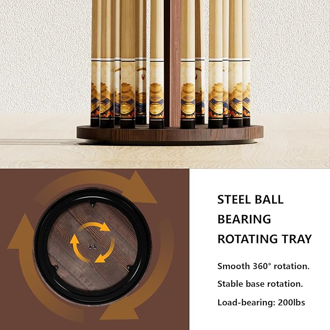 360 Degree Rotating Pool Cue Stick Holder - Floor Stand Pool Cue Rack for Up to 15 Sticks, Billiard Cue Rack, Natural Wood Billiard Room Equipment Storage Organizer, Gifts for Men