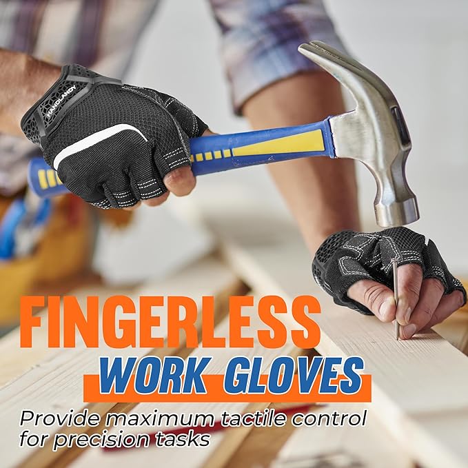 HANDLANDY Fingerless Work Gloves for Men, Half Finger Working Glove Grip Shock-Absorbing Breathable Uwrist TPR Anti-collision Gloves for Mens & Women (Black, XL)