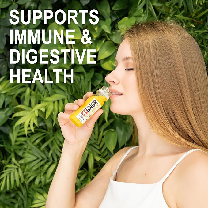 '+GNGR Digestive Aid Organic Ginger Shots with Probiotics, Gut Health, Colon Cleanse, Bloating Relief, Gut Detox, Immunity Shots with Ginger Juice, Turmeric, Black Pepper. (2 Oz, Pack of 12)