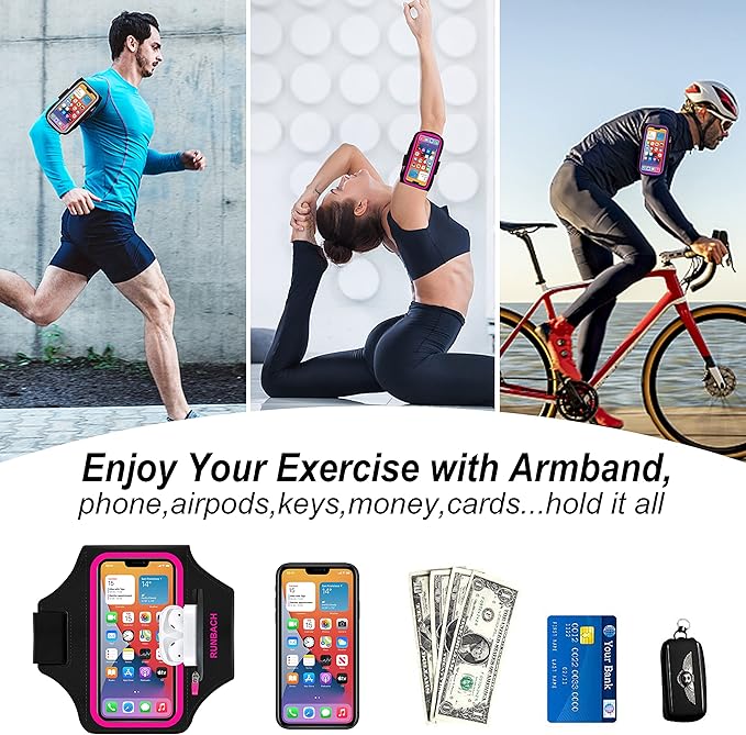 Armband for iPhone 16 Pro Max/16 Plus/15 Pro Max/15 Plus/14 Pro Max/13,12,11,Pro Max/Plus Models,Sport Armband with Zipper Slot for Airpods and Keys (Pink)