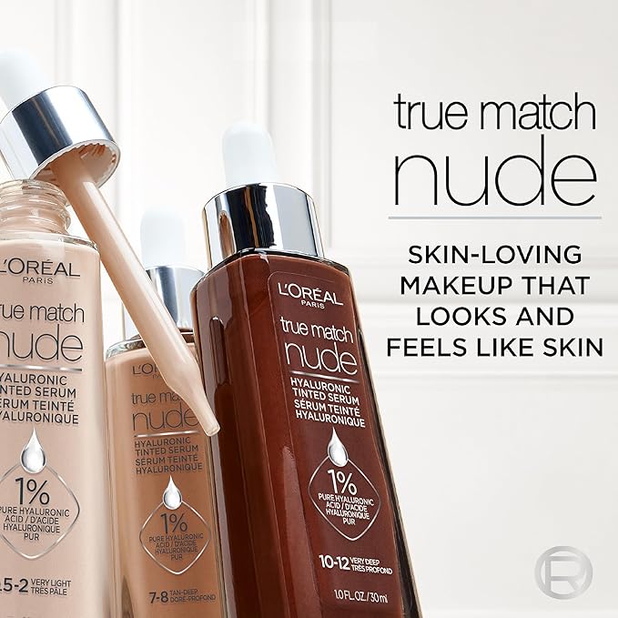 L'Oreal Paris True Match Nude Hyaluronic Tinted Serum Foundation with 1% Hyaluronic acid, Rich Medium 4.5-5.5, 1 fl. oz.
