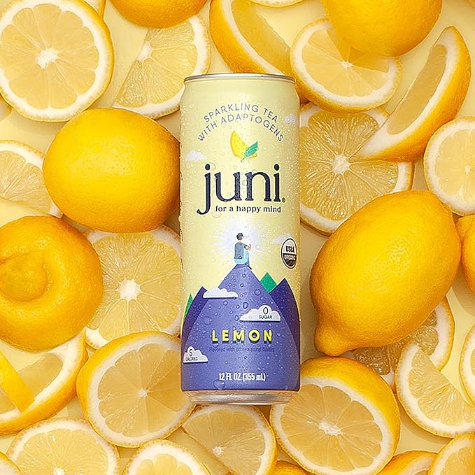 Juni Sparkling Adaptogen Drink with Ashwagandha, Lion’s Mane & Reishi Mushrooms | Green Tea for Focus, Zero Sugar, 5 Calories, Organic | Non Alcoholic Drinks - Lemon 12 pack