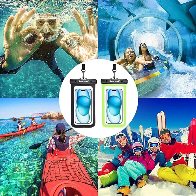 Hiearcool Waterproof Phone Pouch,Waterproof Phone Case for iPhone 17 16 15 14 13 Pro Max Plus up to 8.3",IPX8 Cellphone Dry Bag for Beach Cruise Travel Black&Olive Green-2Pack