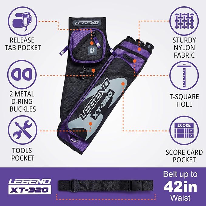 LEGEND XT320 Archery Quivers - Nylon Hip Quivers with 3 Arrow Tube Cases for Target Shooting - Adjustable Waist Belt, T-Slot, Storage Compartments for Accessories, Gear, Tools, Release Tab, Score Card