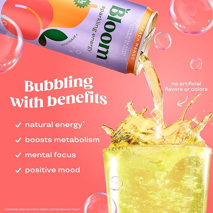 Bloom Nutrition Sparkling Energy Drink - Natural Caffeine, Zero Sugar, 180mg Caffeine - Antioxidant-Rich w/Green Coffee Bean, Green Tea Extract, Prebiotics - 12oz 12 pk